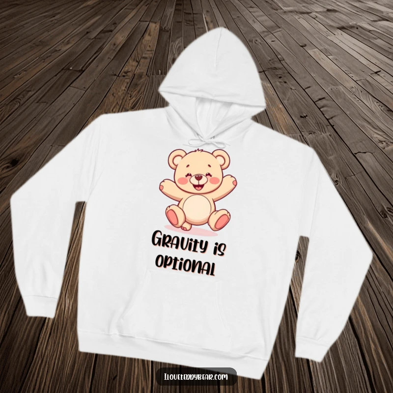 Funny, warm hoodie featuring a smiling teddy bear doing a hilariously awkward cartwheel. A humorous and cozy clothing item.
