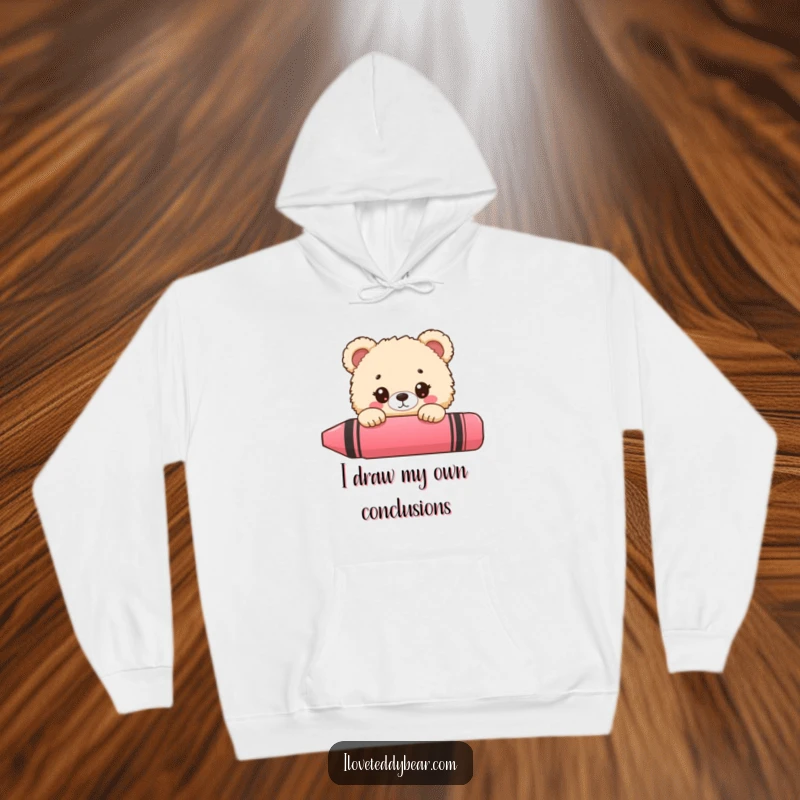 Funny bear hoodie, fluffy bear peeking behind a giant crayon, wide-eyed surprise, artistic and cozy.