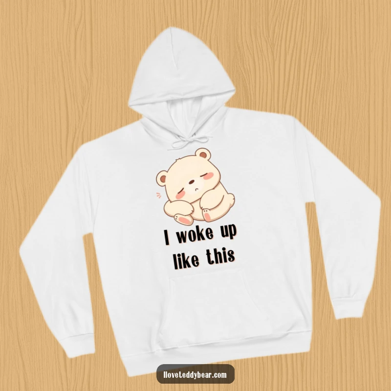 Funny sleepy bear hoodie, bear stretching lazily with a contented sigh, warm cartoon art, ultimate comfort wear.