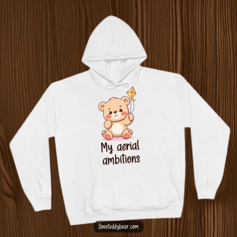 Funny teddy bear hoodie featuring a bear with a determined expression, trying to make a kite fly against the odds.