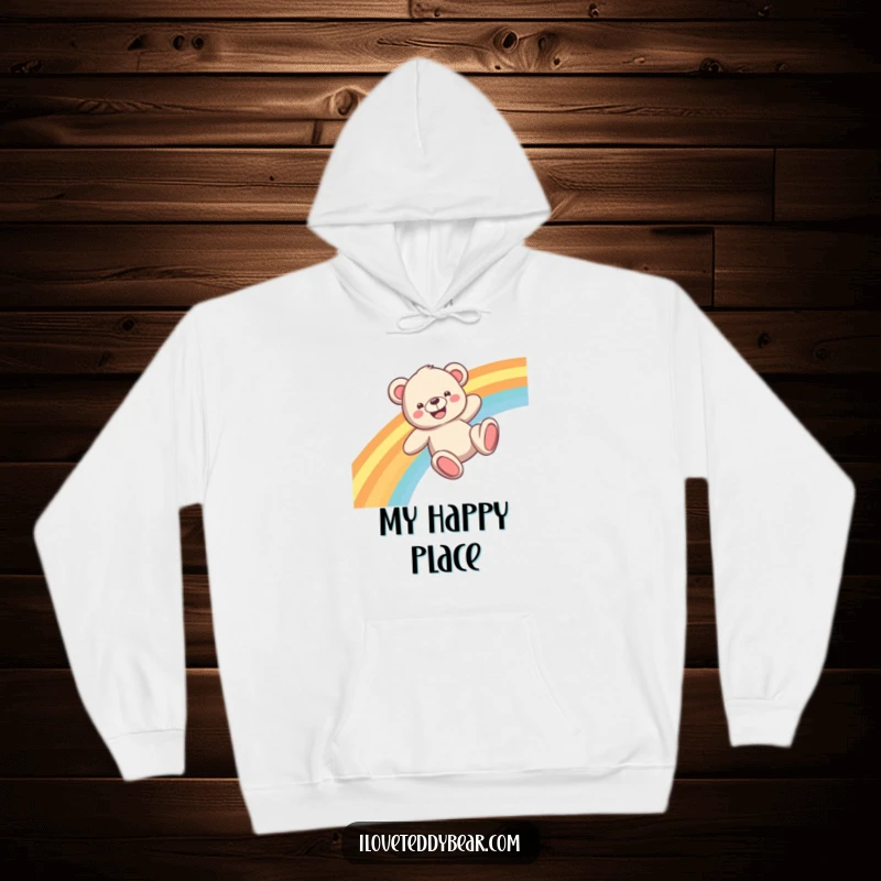 Funny Teddy Bear Hoodie with a happy bear sliding down a bright rainbow, offering warmth and whimsical joy.