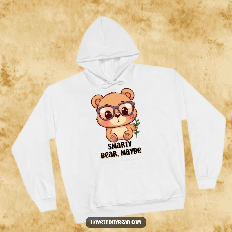 Funny, cozy hoodie with a bear wearing large glasses, looking astonished at a small, delicate flower.