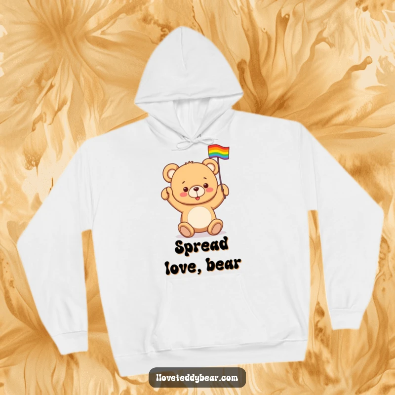 Funny hoodie featuring a teddy bear enthusiastically waving a tiny rainbow flag, combining comfort with a message of pride.