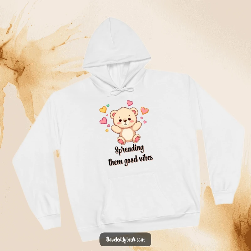 Funny Teddy Bear Hoodie: A warm and soft hoodie featuring a teddy bear juggling colorful hearts, symbolizing love, comfort, and cheerful affection.