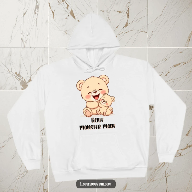 Funny hoodie with a sweet teddy bear playfully tickling a smaller bear, both radiating infectious giggles and heartwarming fun.
