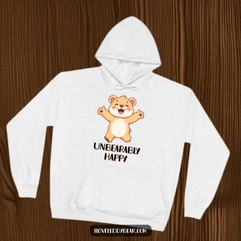 Funny hoodie depicting a fuzzy bear cub jumping with arms outstretched in a display of sheer delight and happiness.