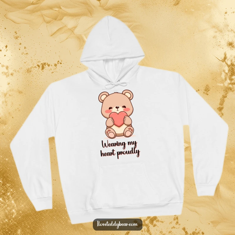 Funny shy bear hoodie, bear offering a single large heart with a blush, warm cartoon art, affectionate comfort.