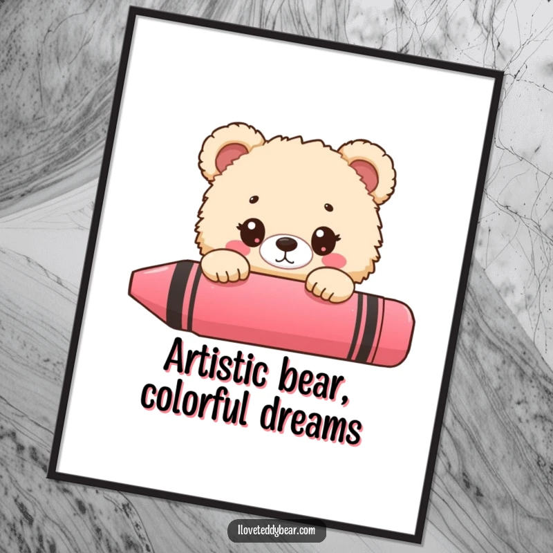 Funny Free Printable Wall Art: Fluffy bear with wide eyes peeking from behind a giant, colorful crayon, adding whimsical charm to any room.