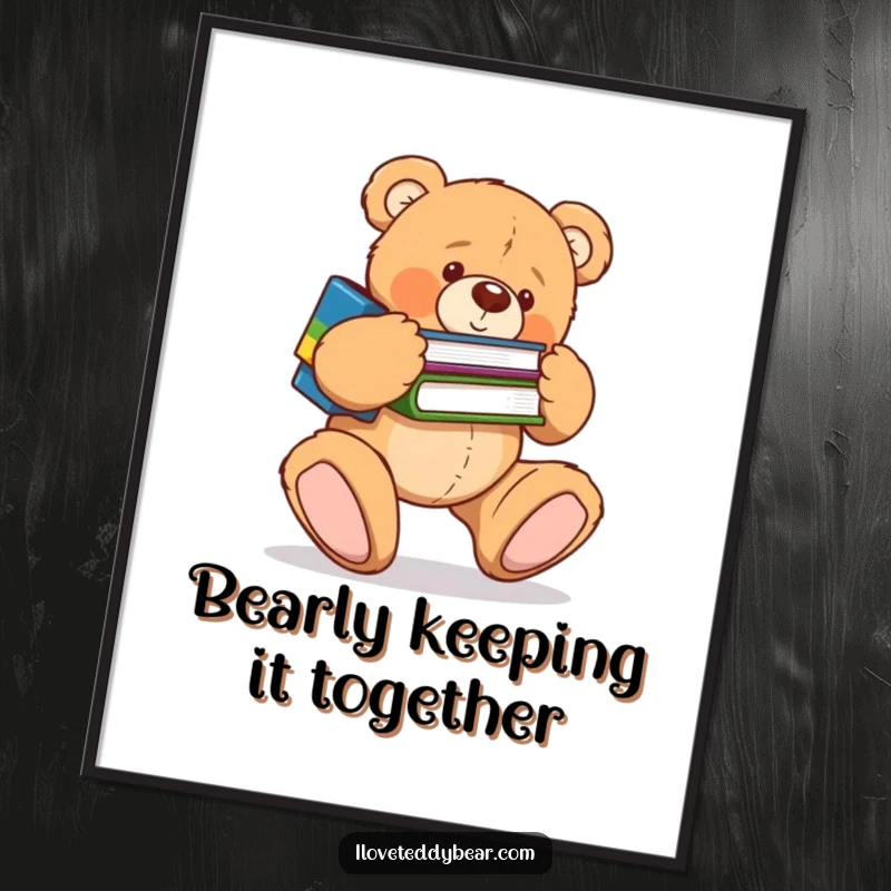 Funny Free Printable Wall Art: A clumsy teddy bear comically tripping over its own oversized feet while juggling a stack of books.