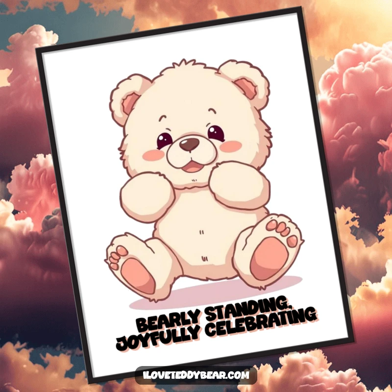 Funny Free Printable Wall Art of a fluffy teddy bear comically tripping over its own feet, melting hearts with its clumsiness.