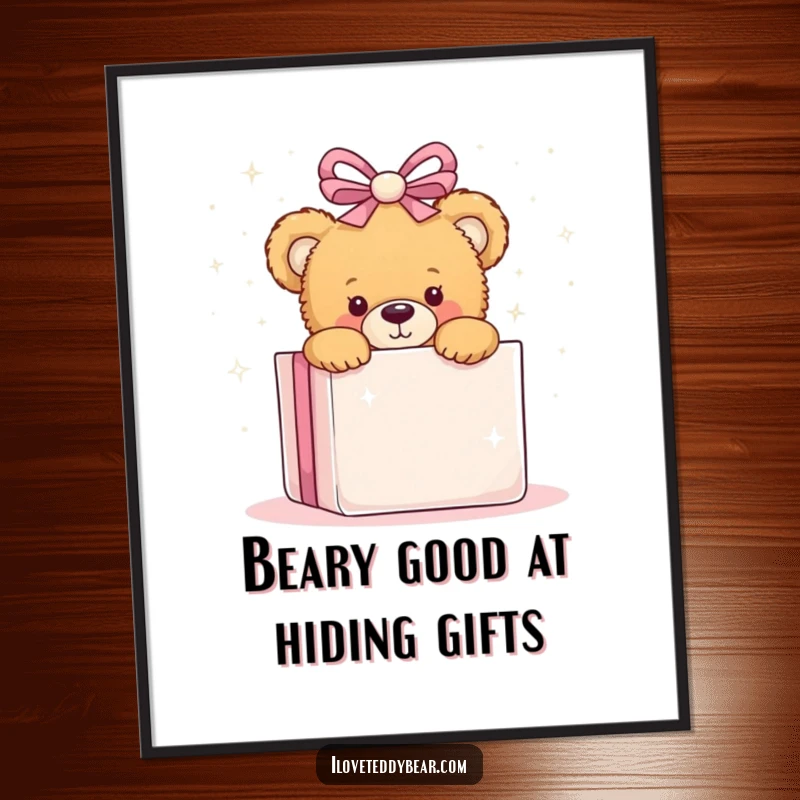 Funny Free Printable Wall Art: Teddy bear peeking playfully from behind a giant sparkly present, adding a touch of whimsical charm to any room.