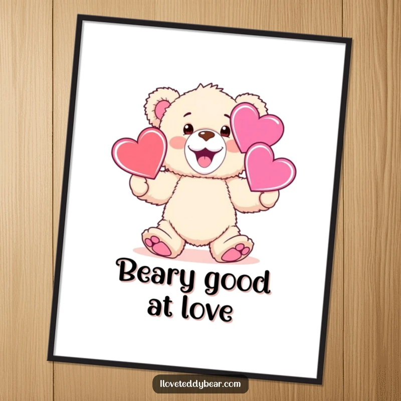 Funny Free Printable Wall Art: a fluffy teddy bear skillfully juggling three oversized hearts, bringing joy and warmth.