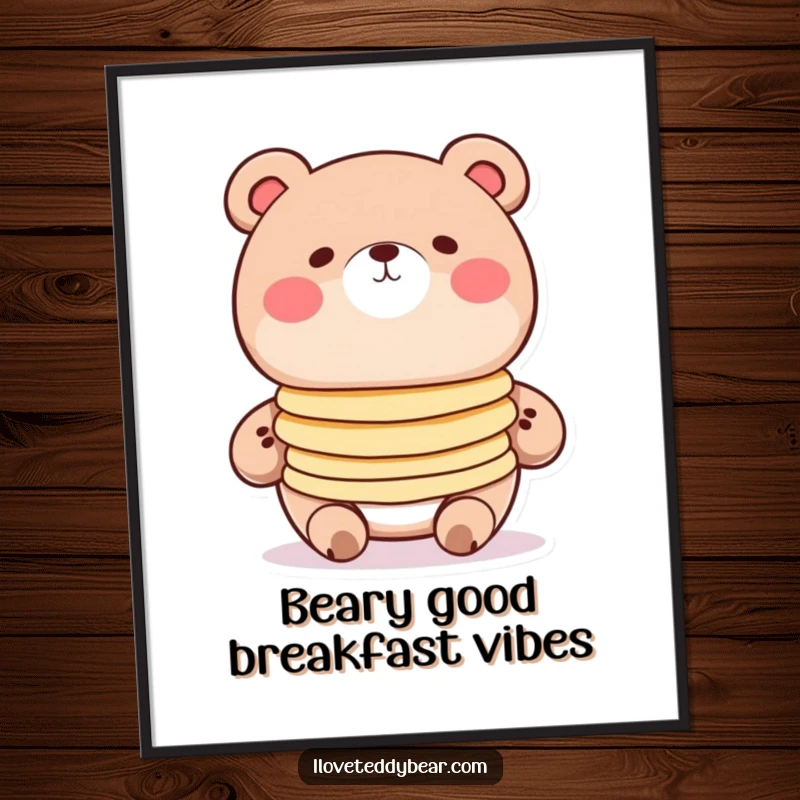Funny Free Printable Wall Art: A round bear with rosy cheeks balancing a precarious stack of pancakes, adding whimsical charm to your space.