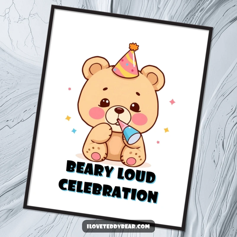 Funny Free Printable Wall Art: Bear cub in a party hat blowing a noisemaker, festive and fun decor.