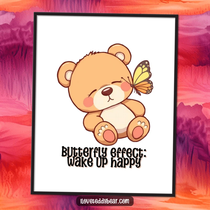 Funny Free Printable Wall Art: Sleepy teddy bear gently woken by a fluttering butterfly, creating a charming scene.