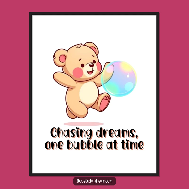 Free Printable Wall Art: Funny Teddy Bear Bubble Chase, Whimsical Downloadable Decor