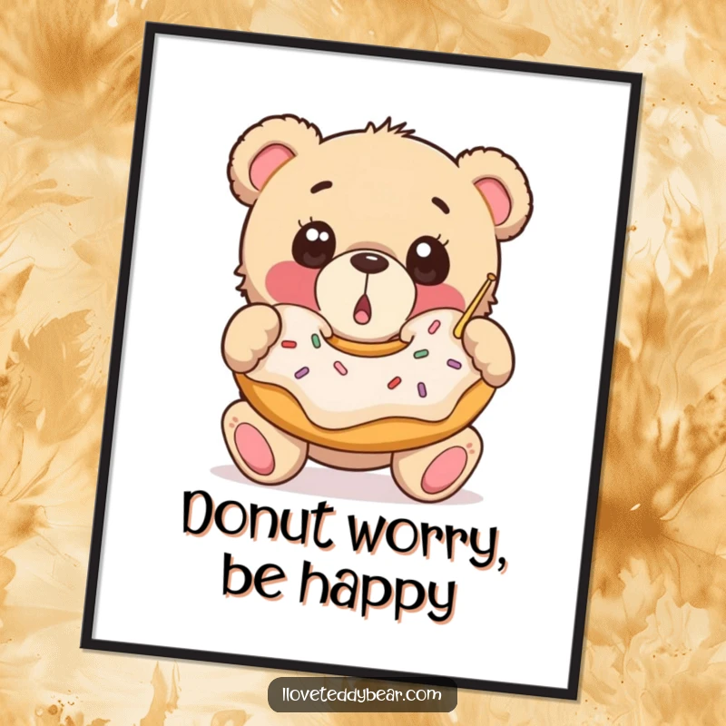 Funny Free Printable Wall Art: Surprised teddy bear wide-eyed catches a massive falling donut.