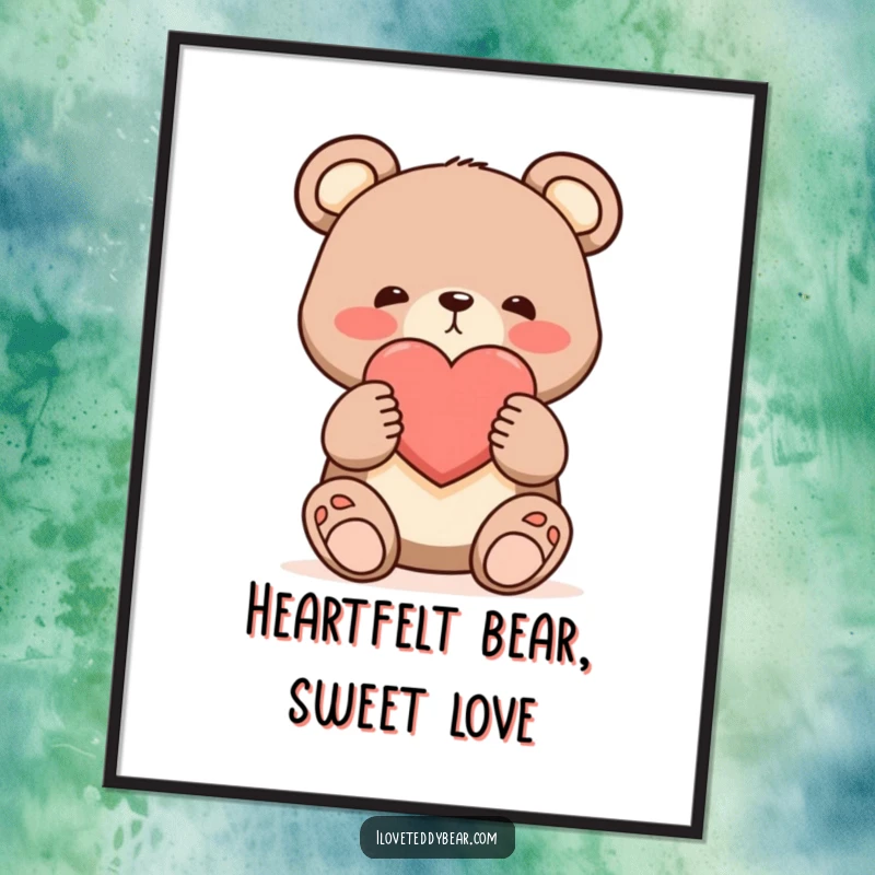 Funny Free Printable Wall Art: A shy bear with rosy cheeks offering a single, large red heart, symbolizing tender love and affection.