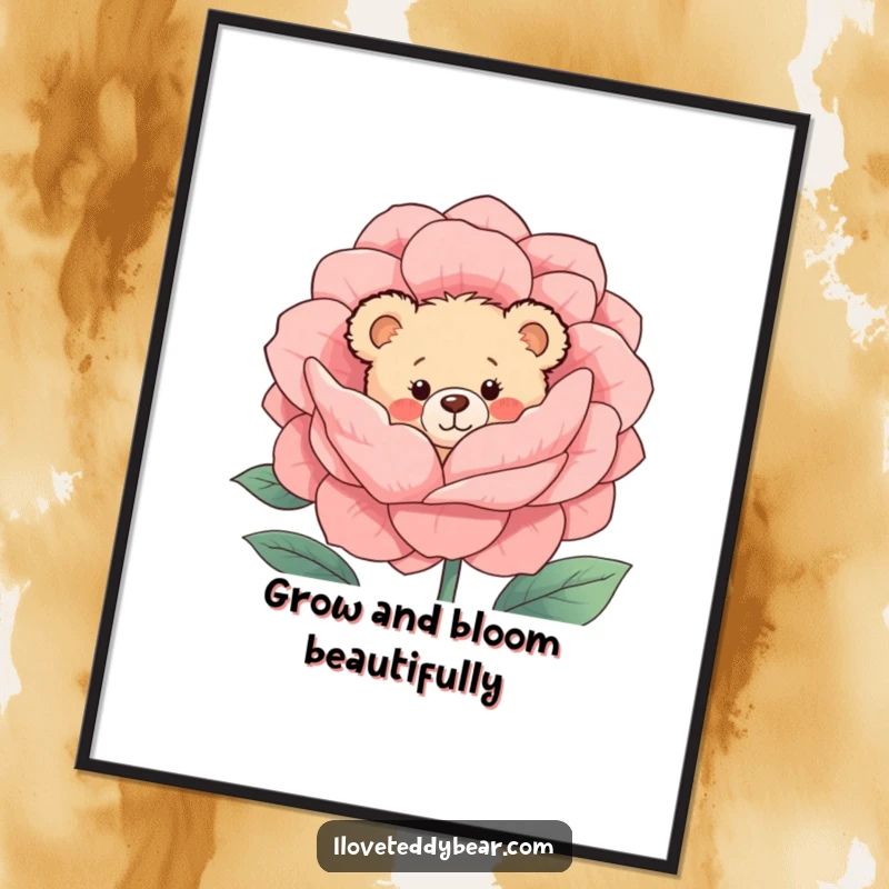 Funny Free Printable Wall Art: Shy teddy bear peeks from behind a large, blooming flower.