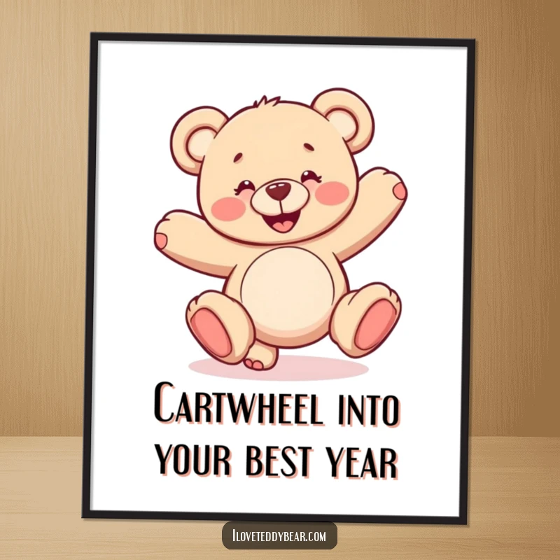 Funny Free Printable Wall Art: A smiling teddy bear gleefully attempting a wobbly cartwheel, bringing dynamism to the art.