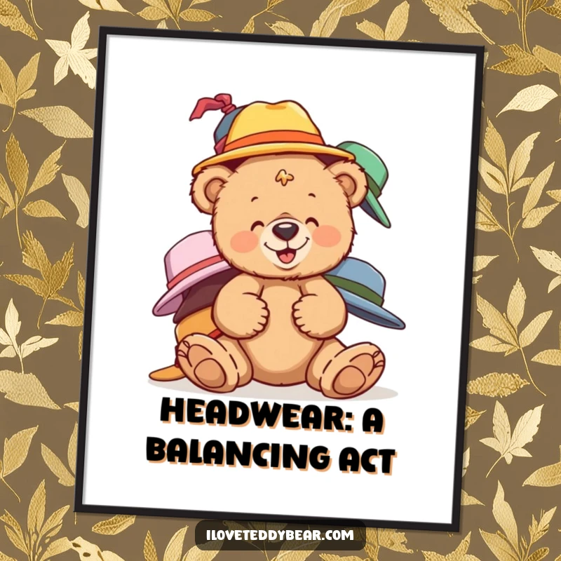 Funny Free Printable Wall Art of a teddy bear giggling uncontrollably while balancing an absurdly tall tower of mismatched hats.