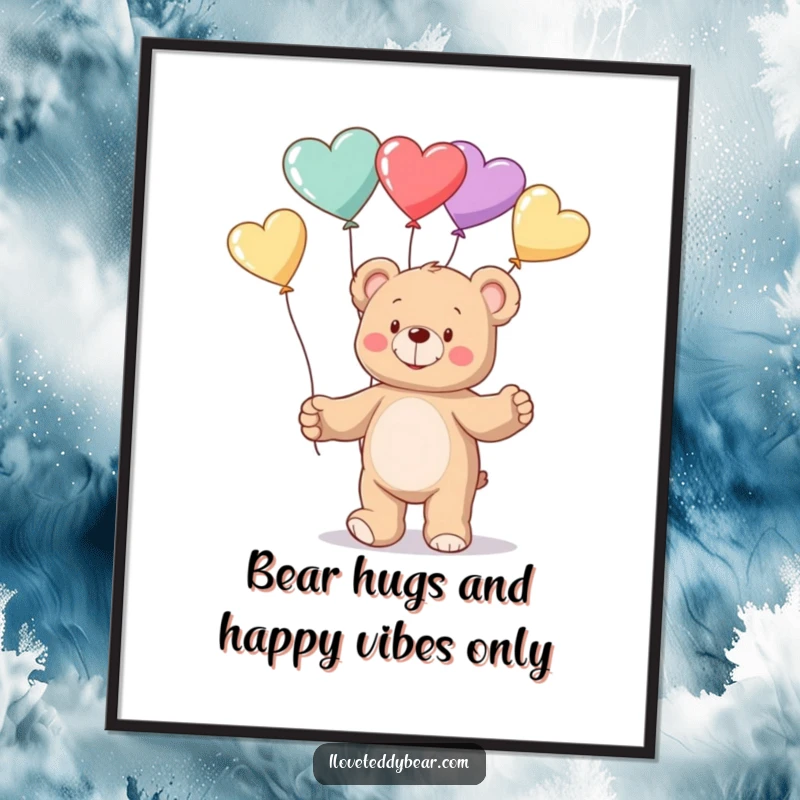 Funny Free Printable Wall Art: A charming teddy bear gleefully juggles heart-shaped balloons, creating a whimsical and heartwarming visual.