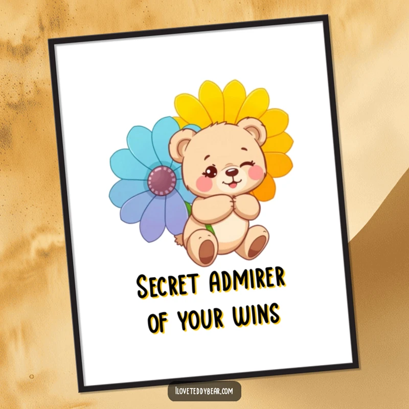 Funny Free Printable Wall Art: A teddy bear winking slyly, holding a huge flower behind its back, with a mischievous expression.