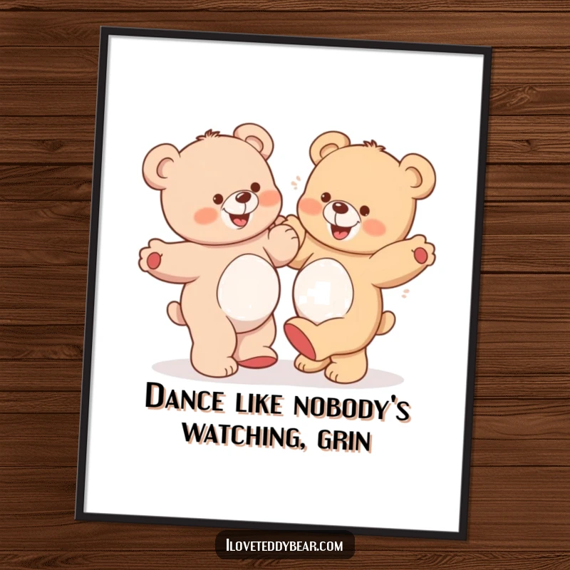 Funny Free Printable Wall Art: Two teddy bears in a comical dance, one bear showing off a huge, funny smile.