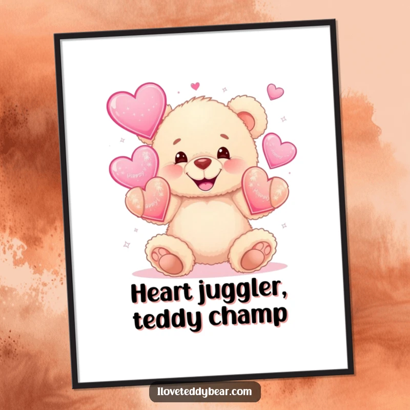 Funny Free Printable Wall Art: A fluffy teddy bear juggles oversized sparkly hearts with a wide grin, spreading joy.