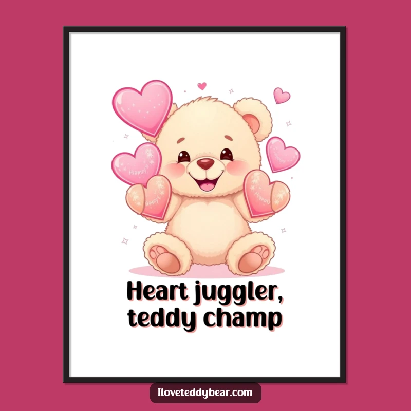 Free Printable Wall Art: Teddy Bear Juggling Hearts, Whimsical Art, Downloadable Decor