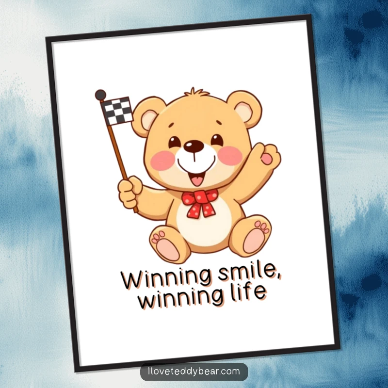 Funny Free Printable Wall Art of a teddy bear enthusiastically waving a checkered flag with a winning smile.