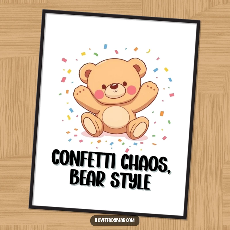 Funny Free Printable Wall Art: Teddy bear comically tripping, scattering a shower of confetti, creating a vibrant and energetic artistic piece.
