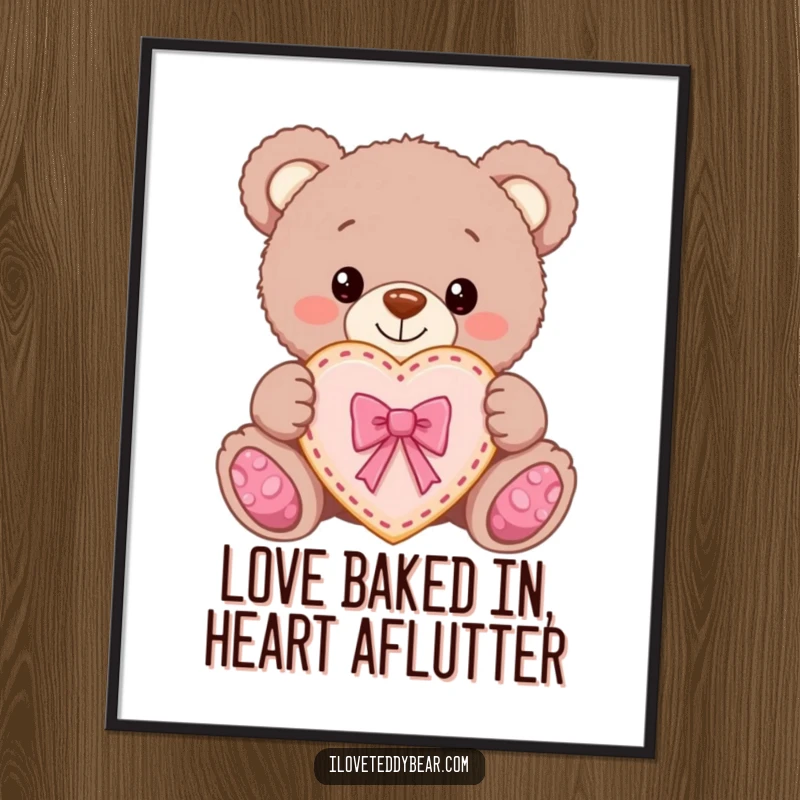 Funny Free Printable Wall Art showing a teddy bear proudly presenting a perfectly baked, heart-shaped cookie tied with a bow.