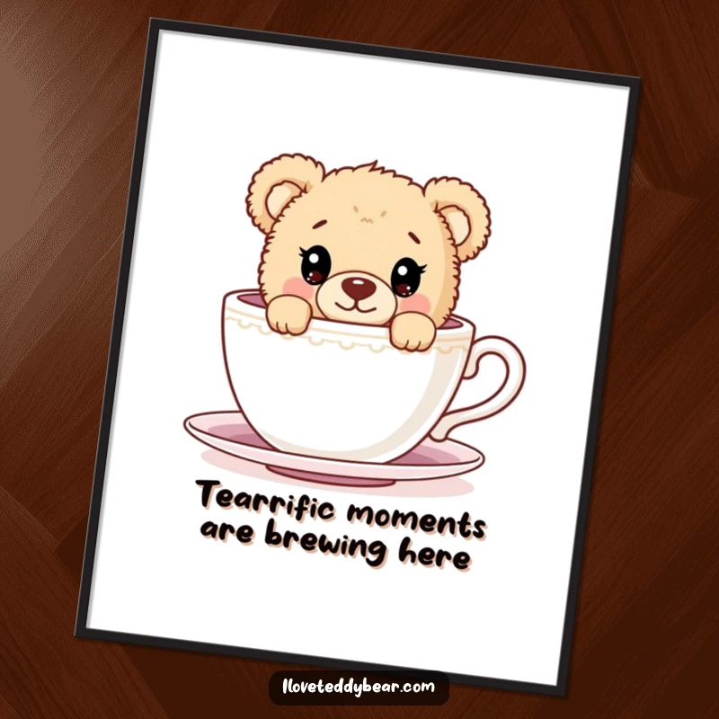Funny Free Printable Wall Art: A teddy bear with surprised eyes peeks from behind an oversized teacup, adding whimsical charm.