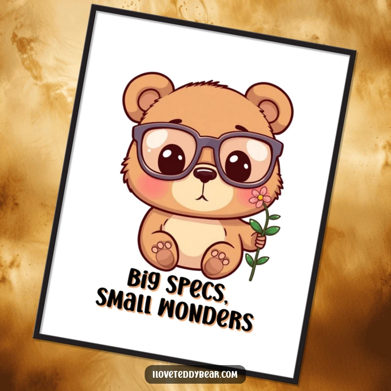 Funny Free Printable Wall Art: A bear with oversized glasses is surprised by a small flower.
