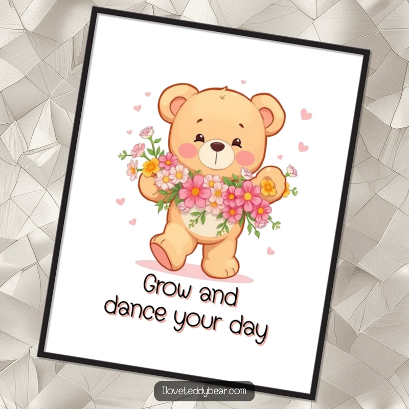 Funny Free Printable Wall Art: A delightful teddy bear energetically dances with a vibrant bouquet of flowers, spreading cheer.