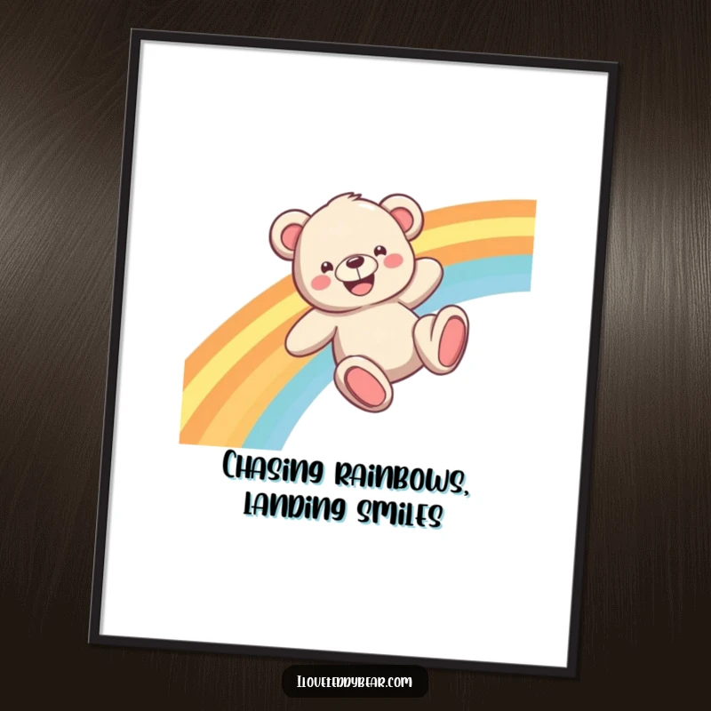 Funny Free Printable Wall Art: A joyful teddy bear slides down a vivid rainbow with a wide, infectious grin.