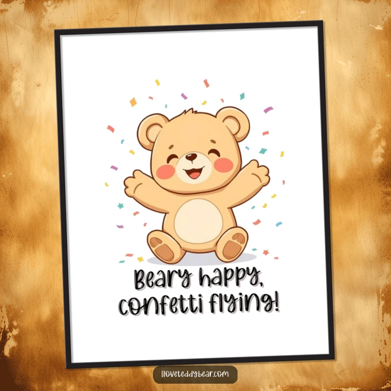 Funny Free Printable Wall Art: A joyful teddy bear enthusiastically throws a vibrant shower of confetti, creating a festive atmosphere.