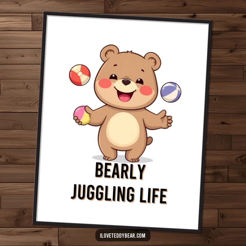 Funny Free Printable Wall Art: A joyful bear with a wide smile is in the middle of juggling three colorful balls.