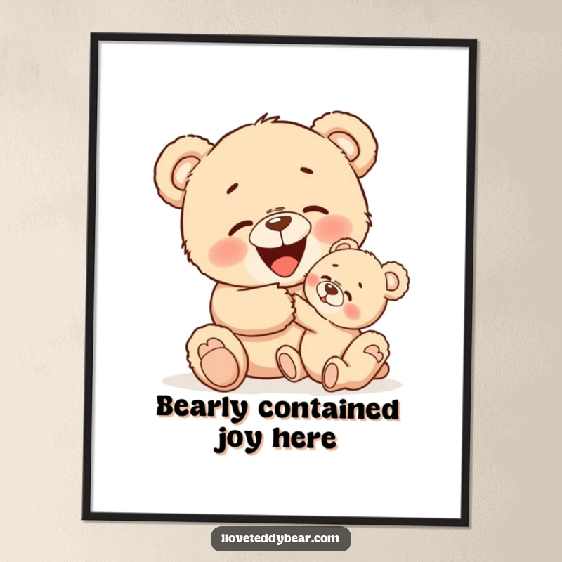 Funny Free Printable Wall Art: A larger teddy bear tickles a smaller bear, both erupting in joyful giggles, cute art.