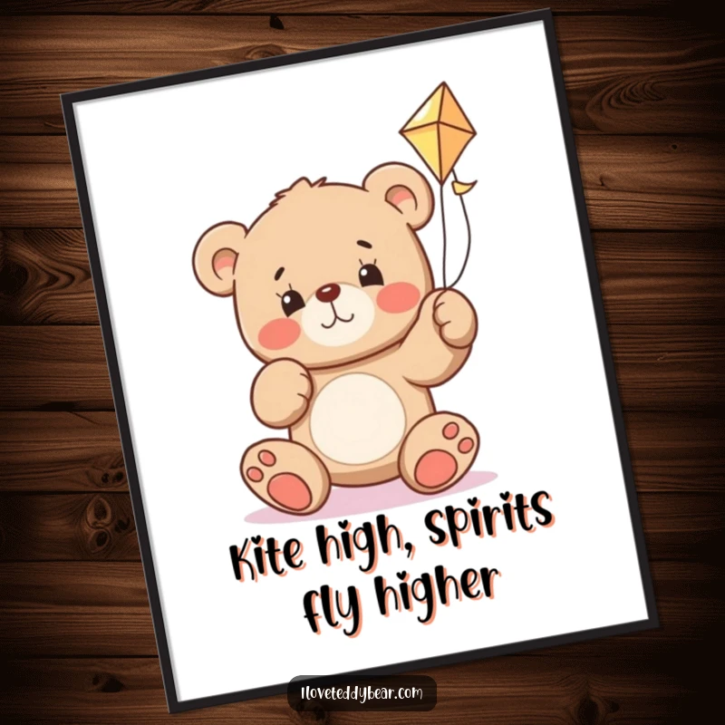 Funny Free Printable Wall Art: A teddy bear with a determined expression struggling to fly a kite, showcasing the humor in effort.