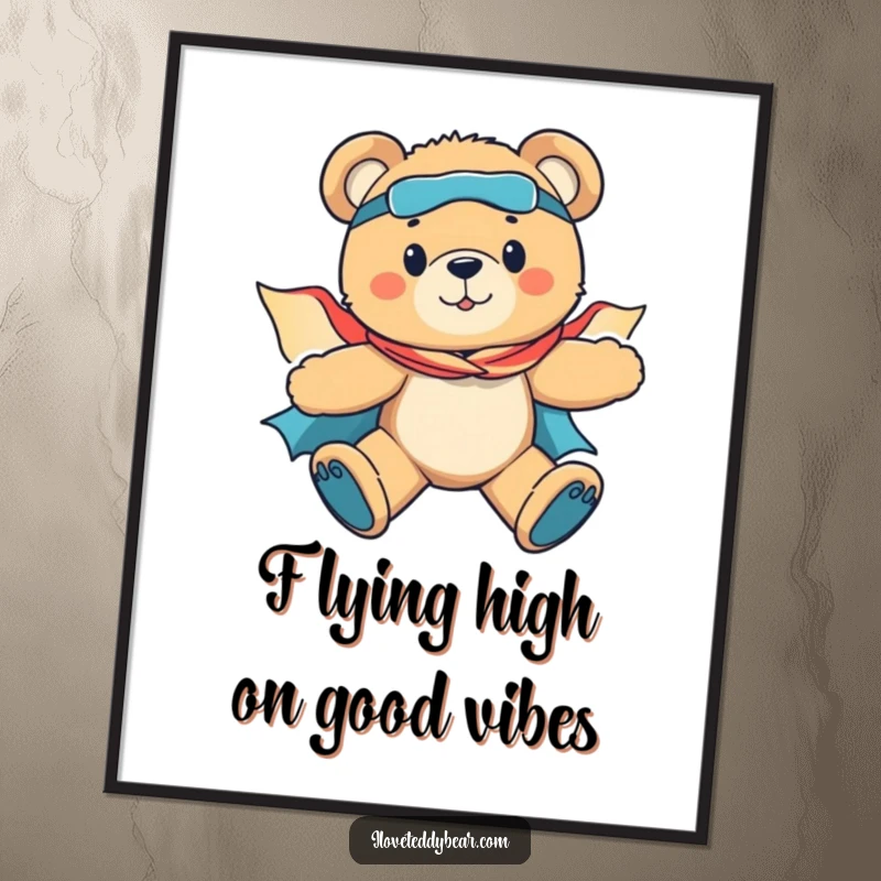 Funny Free Printable Wall Art: A proud teddy bear wearing a superhero cape soars through the air, an inspiring downloadable art.