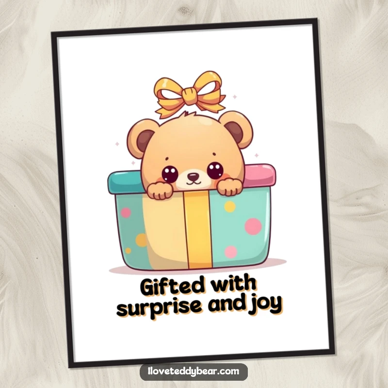 Funny Free Printable Wall Art: Bear with wide eyes peeking out from behind a massive, colorful present.