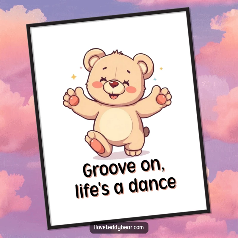 Funny Free Printable Wall Art: A teddy bear is captured mid-dance with paws enthusiastically in the air, full of glee.