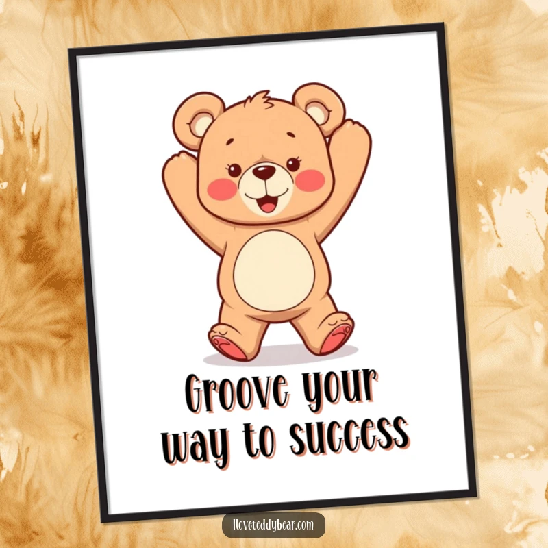 Funny Free Printable Wall Art: A teddy bear captured mid-silly dance, arms flailing joyfully in the air, full of energy.