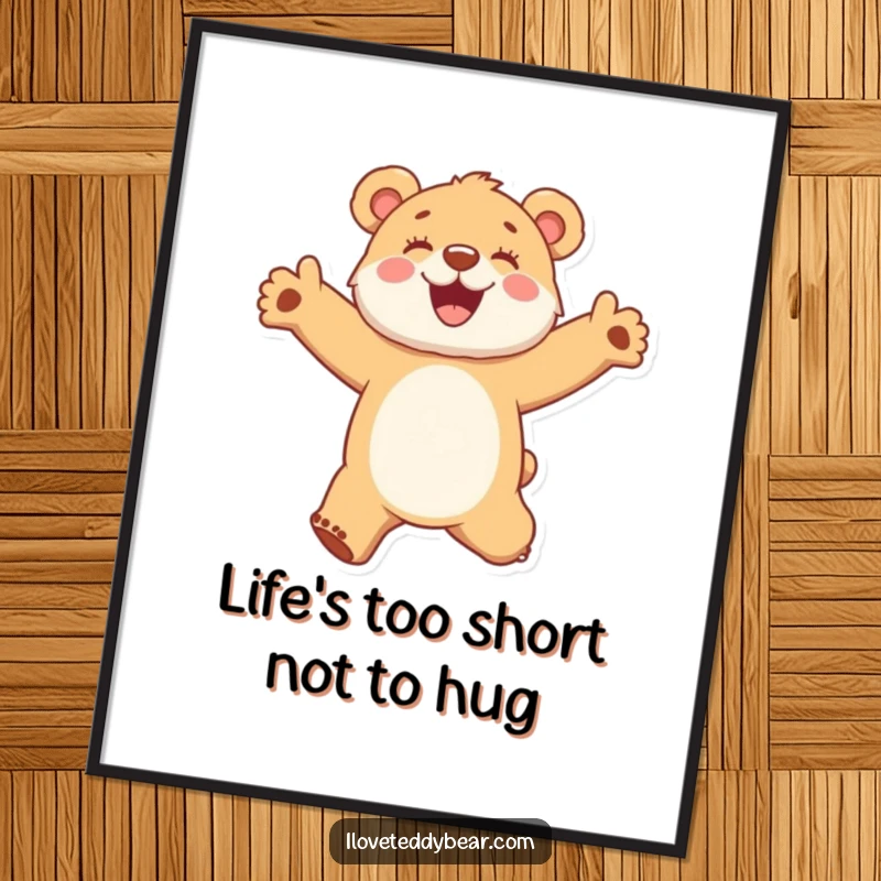 Funny Free Printable Wall Art: a fuzzy bear cub caught mid-jump with arms outstretched, radiating pure happiness and fun.