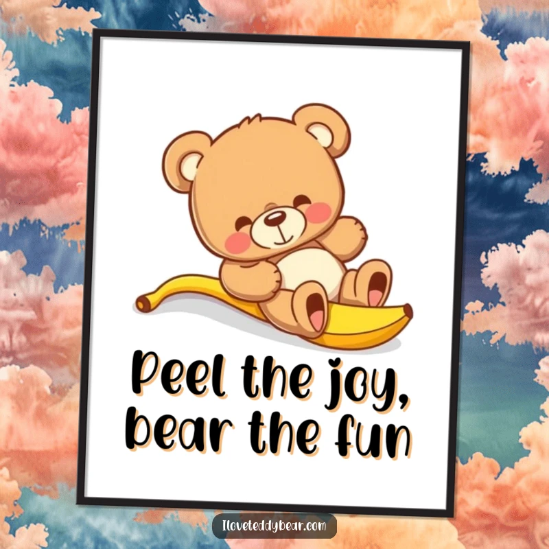 Funny Free Printable Wall Art: A teddy bear comically slipping on a banana peel, embodying comedic timing and slapstick.