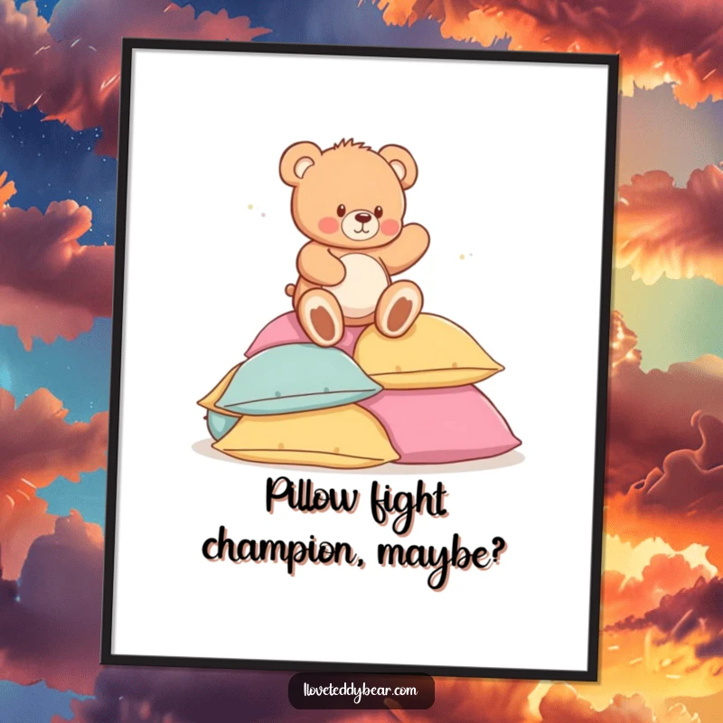 Funny Free Printable Wall Art: A teddy bear takes a funny, joyous tumble on a huge pile of soft, inviting pillows, cute art.