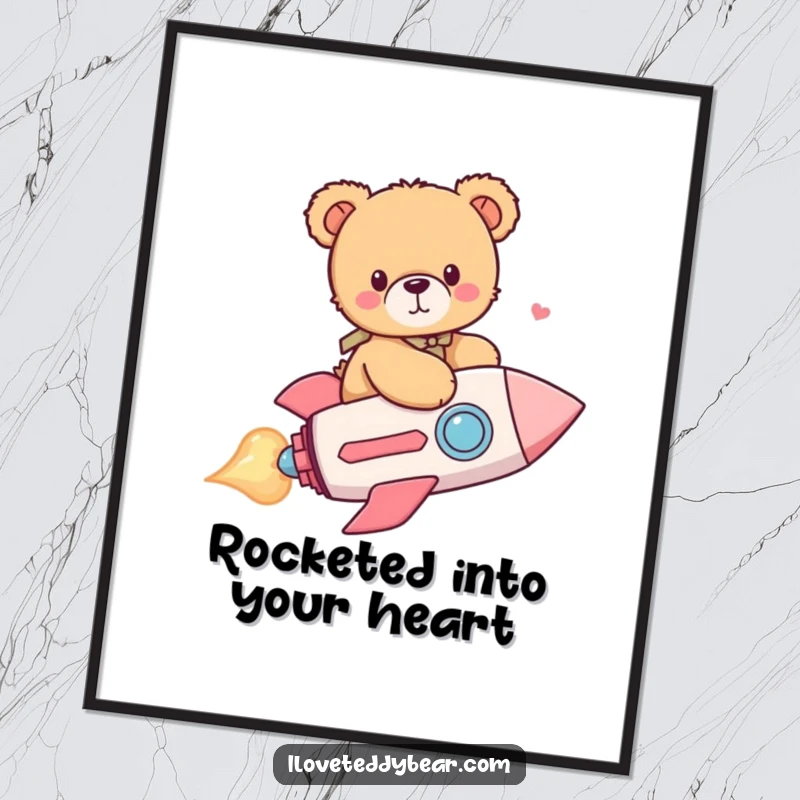 Funny Free Printable Wall Art: A teddy bear joyfully pilots a heart-shaped rocket through a starry sky, a cute downloadable art.