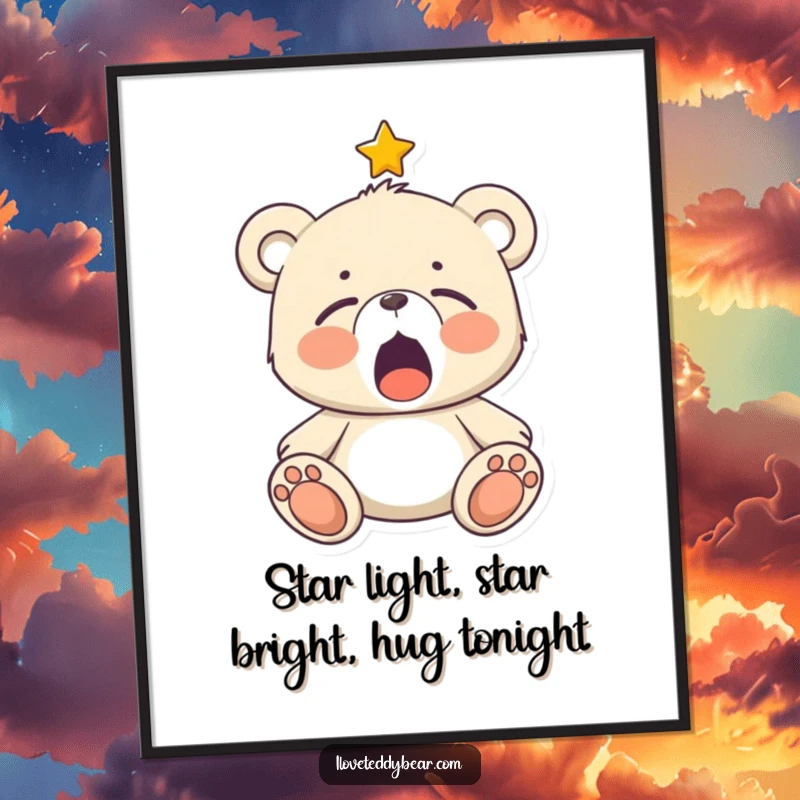 Funny Free Printable Wall Art of a teddy bear yawning peacefully with a single star twinkling above.
